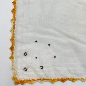 Vintage Handkerchief‎ Embroidered Coffee Bean Orange Variegated Crocheted Edge